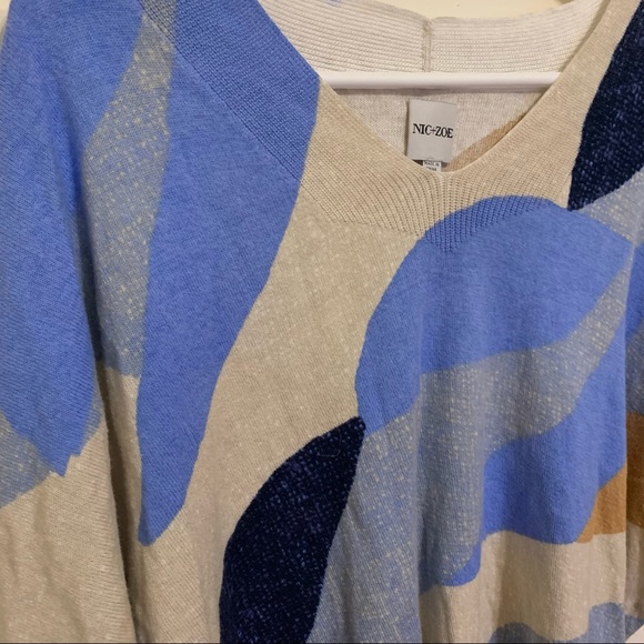 Nic+Zoe OCEAN ISLE Short Sleeve V Neck Loose Fitting Blue Geometric Knit SWEATER - Picture 7 of 16